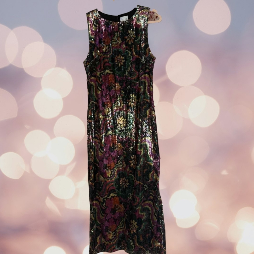 NWT Sz L MISA Los Angeles Nakia Floral Sequin Sleeveless Midi Dress - Picture 6 of 8